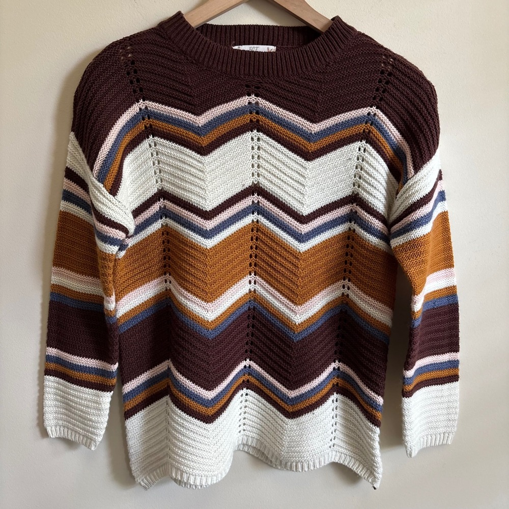 FCT Chevron Zig Zag Pointelle Knit Sweater Brown Mustard Crew Neck Pullover